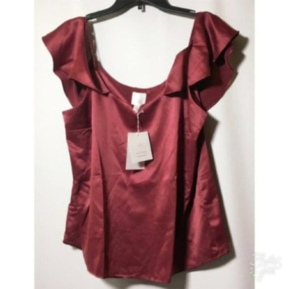 LC Lauren Conrad Womens Red Cold Shoulder Flutter Sleeve Silky Blouse Sz L New - Picture 6 of 9